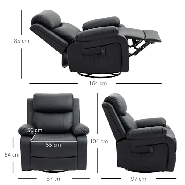 Rootz massagestol - 8 vibrationshuvuden - mjuka armstöd - avslappningsstol - justerbart ryggstöd - fotstöd - konstläder - svart - 87L x 97W x 104H cm