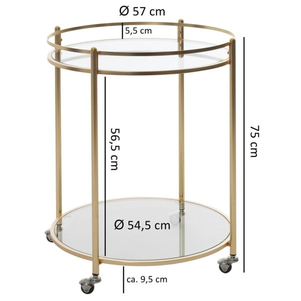 Rootz Sidebord - Sidebord på hjul - Køkkenvogn - Serveringsvogn - Tevogn - Ø 57 cm - Guld - Glas