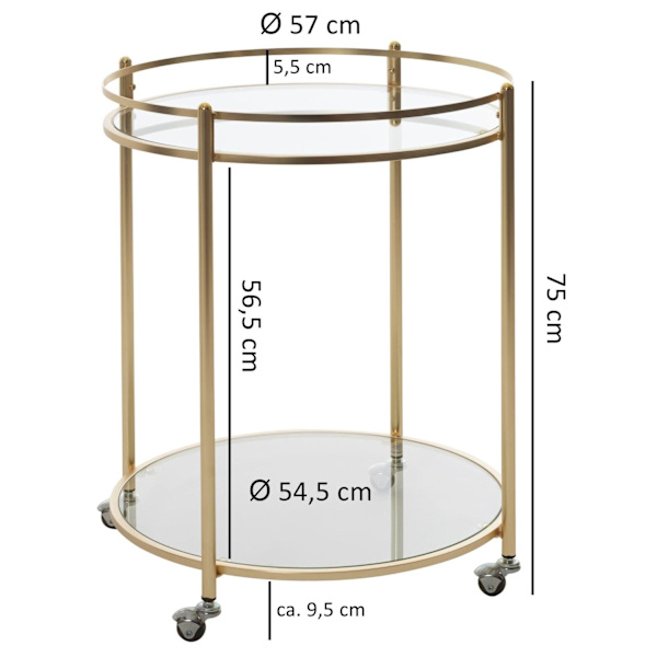 Rootz Sidobord - Sidobord på hjul - Köksvagn - Serveringsvagn - Tevagn - Ø 57 cm - Guld - Glas