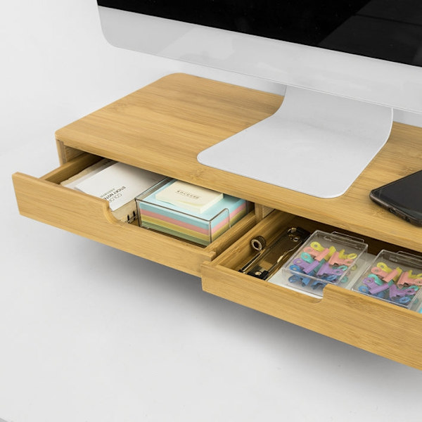 Rootz Bamboo Monitor Riser Stand med 2 skuffer - Skrivebordsorganisering - Tastaturopbevaring - Skridsikre fødder - Ergonomisk design - 56cm x 12cm x