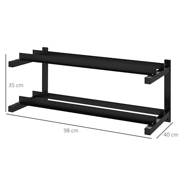 Rootz håndvægtstativ - Håndvægtstativ - 2 niveauer - Kettlebells - Sikker opbevaring - Yogamåtter - Kapacitet 70 Kg - Stålramme - Sort - 98x40x35 cm