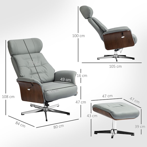 Rootz Relaxationsstol med avföring - Reclining Chair - Swivel TV -stol - 135 ° Tiltfunktion - 80W x 84d x 108h cm - Grå