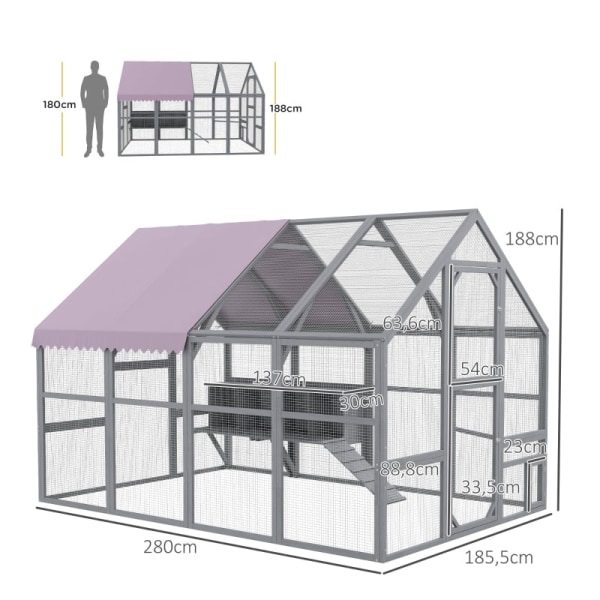 Rootz PawHut Chicken Coop - Chicken House - Walk-In Kotelo - Säänkestävä - Tilava muotoilu - Kestävät materiaalit - Kätevät pesimälaatikot - 280 cm x