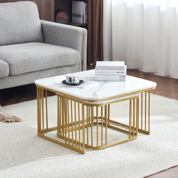 Rootz 2-delade soffbord i högglans marmorlook - Byggbord - Moderna vardagsrumsbord - Reptålig - 70x70x45cm & 50x50x36,5cm