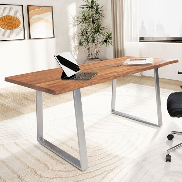 Rootz Modern Design Office Bord - Natural Wood Skrivebord - Solid Acacia - Trapezformede metalben - Håndlavet - 160 cm x 80 cm x 76 cm