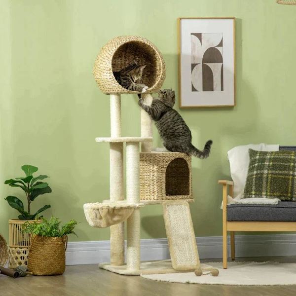 Rootz Skrapstolpe - Kattträd - Med katthus - Flera plattformar - Hängmatta - Skrapmatta - Tippskydd - Beige - 60 x 60 x 150 cm