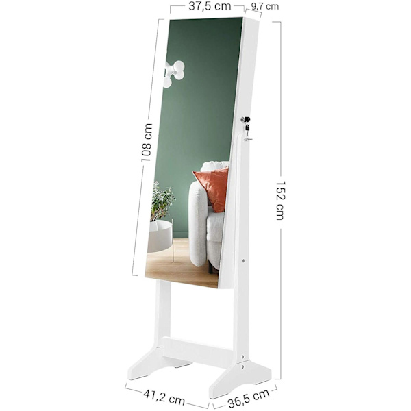 Rootz Smykkespejl - Smykkeskab - Spejlskab - MakeUp Organizer - Rammeløs - Låsbar - Hvid - MDF - 41,2 x 36,5 x 152 cm