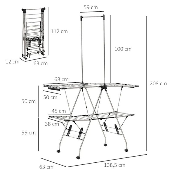 Rootz Tøjstativ - Sammenklappeligt tørrestativ - Wing Tøjtørrer med Teleskop - Stænger Stativ Tørretumbler - Tørrerum - 138,5 x 63 x 208 cm