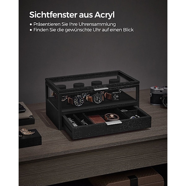Rootz Watch Box Organizer - Smyckesförvaringsfodral - Displaystativ i trä - Konstruktion i massivt trä - Akryllock - MDF-interiör - 18 cm x 35,2 cm x