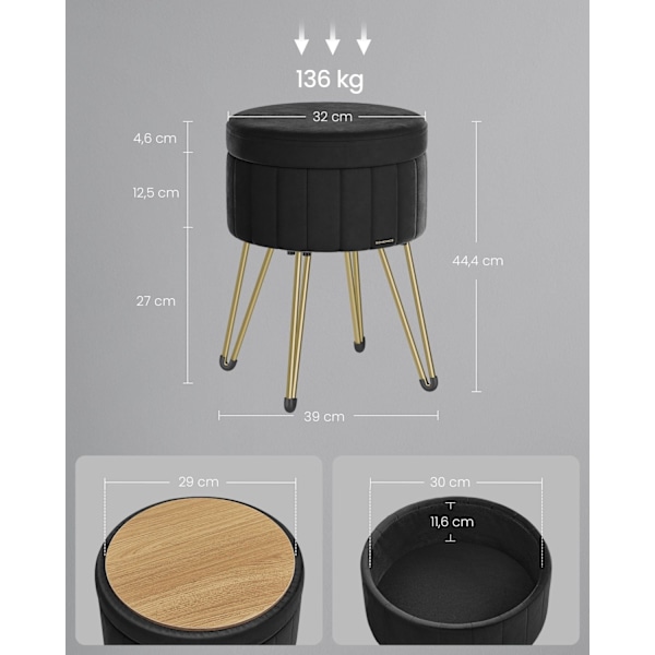 Rootz Velvet Pyöreä jakkara - Ottoman - Pehmustettu istuin - Mukava istuin - 39 cm D x 44,4 cm K - Muste musta - Erittäin kestävä vaahto