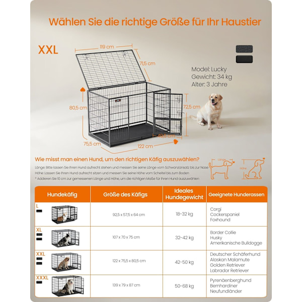 Rootz Heavy-Duty Hundbur - Djurbur - Stålmaterial - Rymlig interiör - 122 cm x 75,5 cm x 80,5 cm - Grå