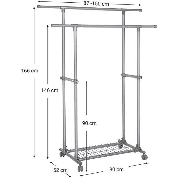 Rootz-vaateteline pyörillä - Jatkettava naulakko tuplatangolla - Siirrettävä - Vaateteline - Max. kuorma 70 kg - (87-150) x 52 x 166 cm - Harmaa