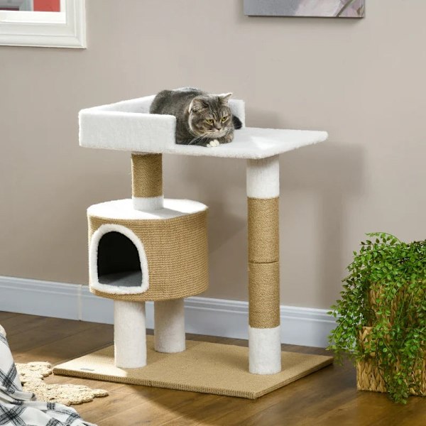 Rootz Skrapstolpe - Kattträd - Kattgrotta - 1 Kattgrotta - 1 Liggyta - Natur + Vit - 70 cm x 49 cm x 79 cm