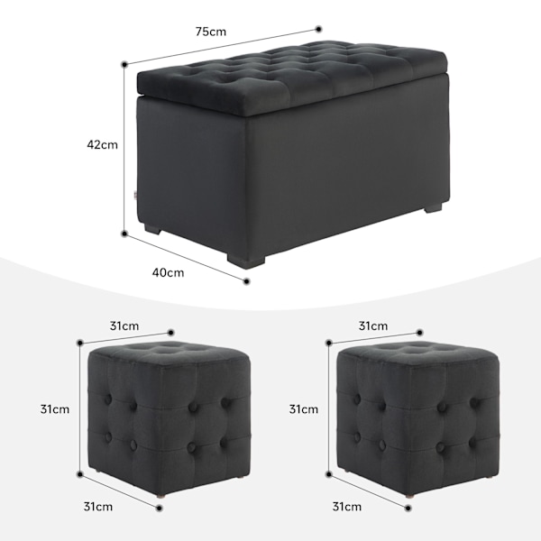 Rootz 3 -bituppsättning förvaringsbänk - Seat Chest - Umpolsted Stools - Space Saver - 75x40x42cm - Grå