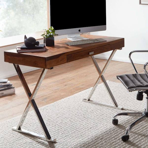 Rootz työpöytä 120x55x78 cm massiivi sheesham-puuta - metallikromi - Design-toimistopöytä laatikolla - HomeOffice kannettava tietokonepöytä, jossa säi