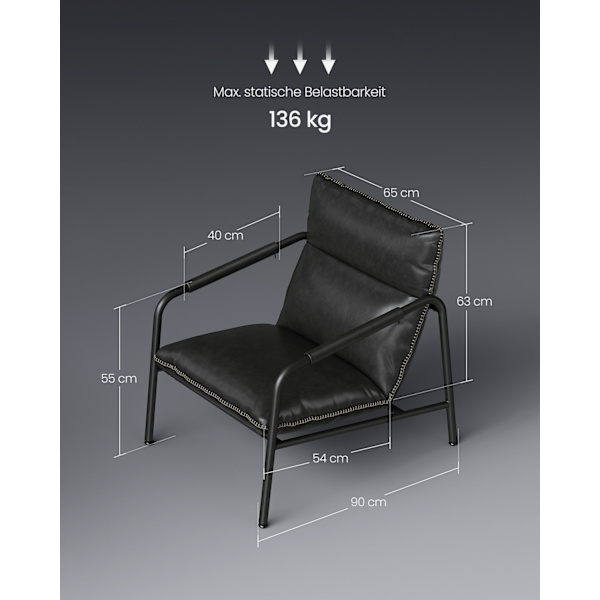 Rootz Ink Black Lounge Chair - Fåtölj - Vadderad sits - Stålram - Polyesterfiber - PU syntetiskt läder - Lätt - Robust - Bekväm - 90 cm x 74,2 cm x 90