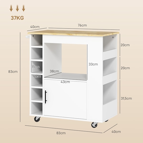 Rootz Kitchen Trolley - Rolling Island - Portable Cart - Wine Racks & Storage - Rubberwood Top - 83L X 40W X 83H CM