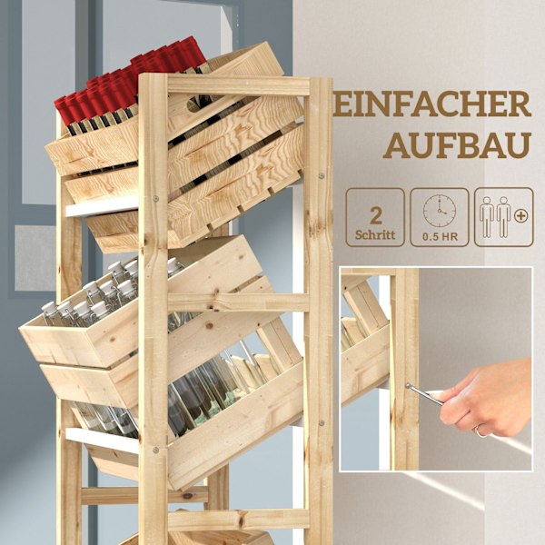Rootz Beverage Crate Shelf - Träagringsstativ - 3 -Tier Box Organizer - Natural Spruce Wood - 56 x 32 x 112 cm - Perfekt för fester & BBQS