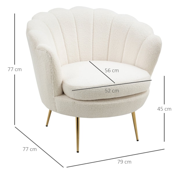 Rootz Shell -formad klädd stol - Relaxationsstol - Comfy fåtölj - Guldmetallben - Elegant & mysig - 79L x 77W x 77H cm - vitt tyg