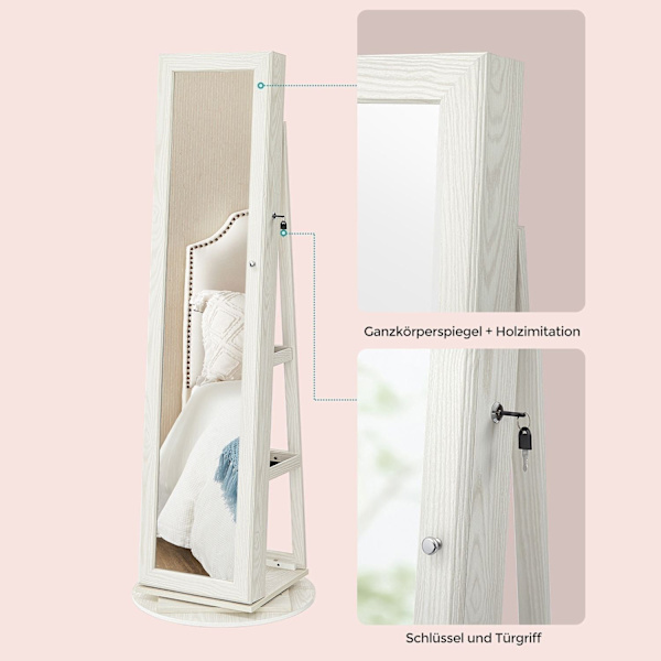 Rootz spejl- og smykkeskab - Stående spejl - Opbevaringsskab - Roterende ramme - MDF-plade - 54cm x 161cm x 54cm