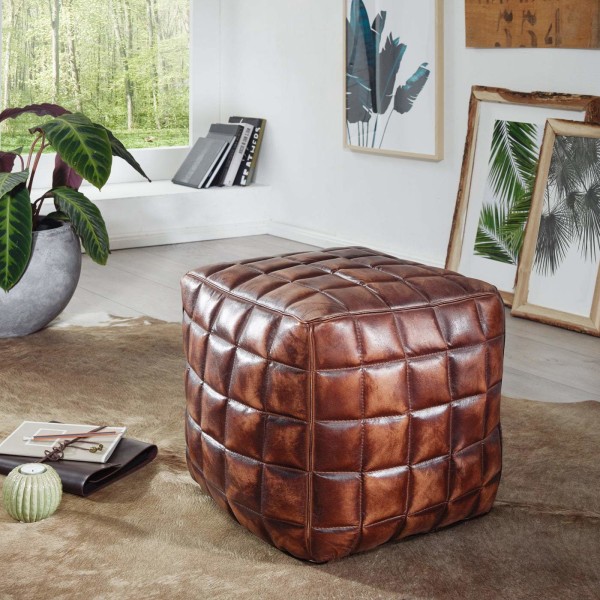 Rootz Pouf - Kuutio - Nahkapussi - Ruskea - Tikattu - Nahka - 41 x 39 x 39