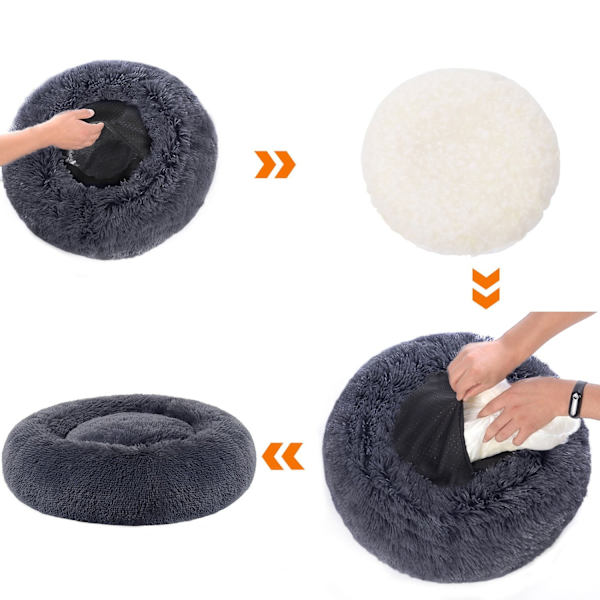 Rootz Fluffy Hundeseng - Dyreseng - Donutpude - Plysstof - PP Bomuld - 90 cm x 20 cm - Mørkegrå - 2,1 kg