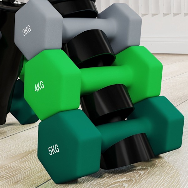 Rootz hanteluppsättning med rack - vikter - fitnessutrustning - hexagonal design - rymdbesparande - 3 kg till 5 kg - hantel 18x8x8cm, rack 42x10x30cm