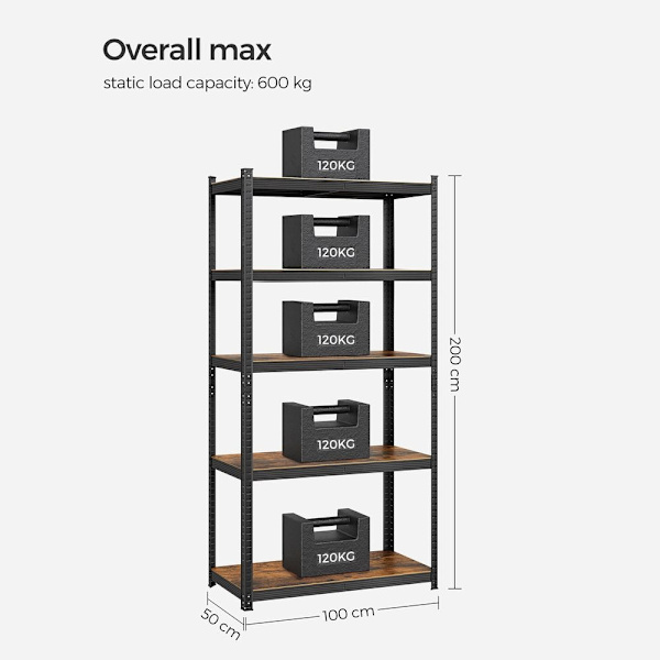Rootz Sæt med 2 stående hylder - Opbevaringsstativ - Med 5 justerbare hylder - Heavy Duty Hylde - Spånplade - Brun-sort - 50 x 100 x 200 cm