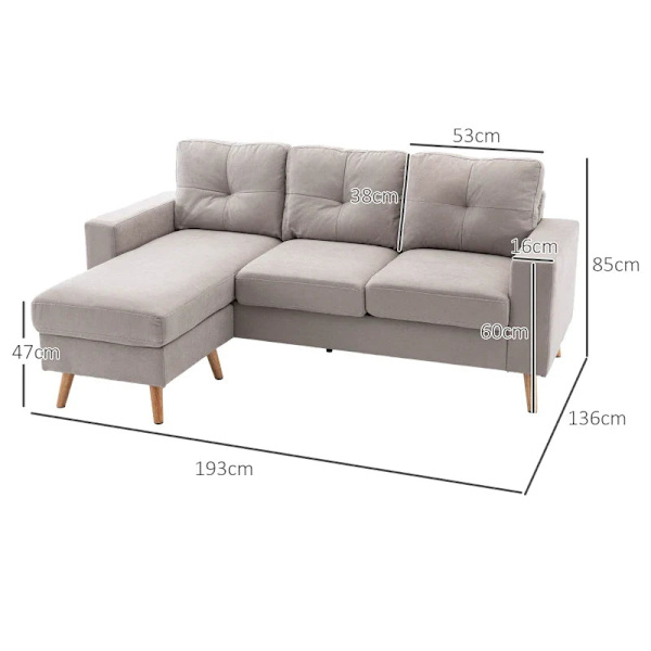 Rootz 3-personers hjørnesofa - Linnedlook - Vendbar chaiselong - Gummitræ - Lysegrå - 193x136x85 cm