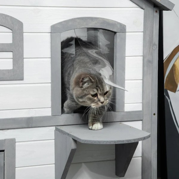 Rootz Cat House - 2-vånings - Väderbeständig - Väderbeständig - Skjutfönster - Massiv träram - Vit + Grå - 123L x 63W x 112H cm