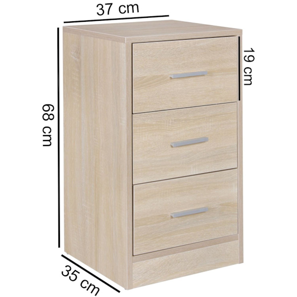 Rootz-puuta nykyaikainen senkki 3 laatikolla sonoma - Design Yöpöytä 37,5 x 68 x 35 cm - Erittäin korkea yöpöytä