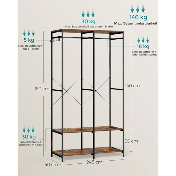Rootz Vintage Brown -vaateteline - Vaateteline - Vaatekaapin järjestäjä - Teräslastulevy - 40 cm x 94,5 cm x 180 cm - Raskas - Helppo koota - Kaatumis