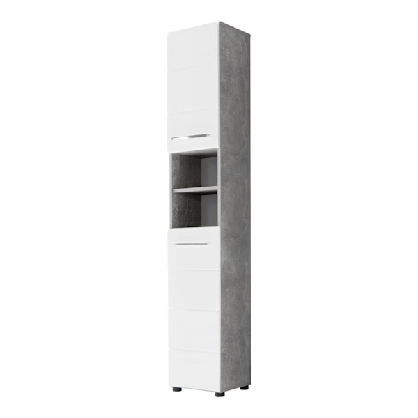 Rootz Tall Bathroom Cabinet - High Storage Unit - Washroom Furniture - Vertical Organizer - Slimline Cupboard - Bathroom Tower - Concrete & White Glos