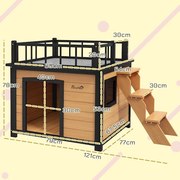 Rootz Wooden Dog House - Kattoterassi koirakennel - Kuusipuusta tehty lemmikkieläinsuoja - Vedenpitävä maali - Keltainen - 121cm x 77cm x 78cm