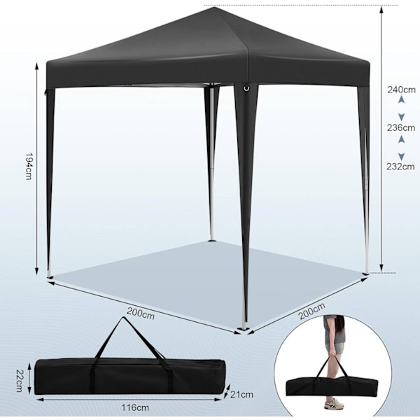 Rootz Garden Gazebo - Utomhustak - Solskydd - UV-skydd - 2m x 2m x 2,4m - Metallram - 210D Oxford-tyg