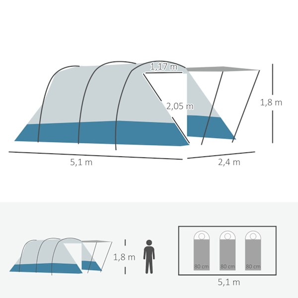 Rootz Campingtelt - Familietelt - Udendørs husly - Vandafvisende - 5,10 m x 2,40 m x 1,80 m