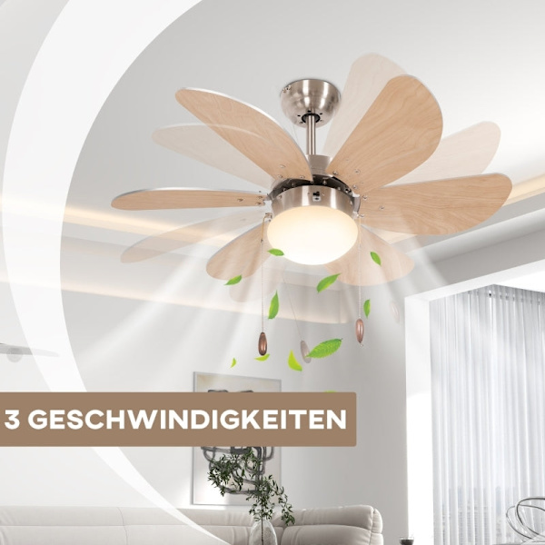 Rootz takfläkt med ljus - Kedjedragbrytare - 3 hastigheter - Energieffektiv belysning - Mångsidigt luftflöde - Tyst drift - 76 cm x 76 cm x 41,5 cm -