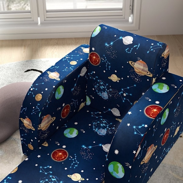 Rootz Kids Foldbar Lænestol - Børnesofa - Hyggelig seng - Multifunktionel - Planetmønster - Let at rengøre - Blå - Skum/Polyester - 46,5 cm x 93 cm x