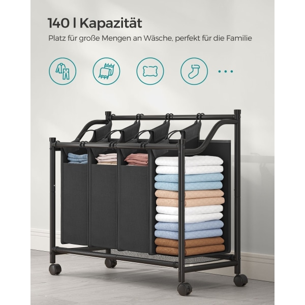 Rootz tvättkorgarvagn - Rullande tvättvagn - Tvättsorterare - Robust metallram - Slitstarkt 600D polyestertyg - 4 hjul - 4 fack - Utrymmesbesparande d