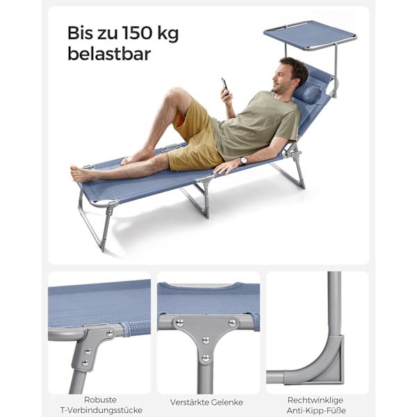Rootz hopfällbar solstol - Liggstol - Utomhussäng - Stålram - Syntetfibertyg - Lätt - Kompakt - Lätt att förvara - 193cm x 53cm x 29cm