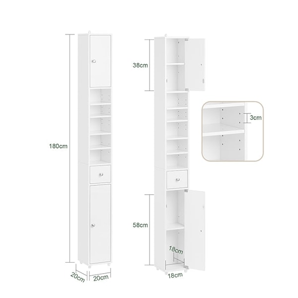 Rootz Tall Badeværelse Skab - Opbevaringsskab - Badeværelsesarrangør - Justerbare hylder - 20x180x20cm - MDF E1 - Højglans hvid