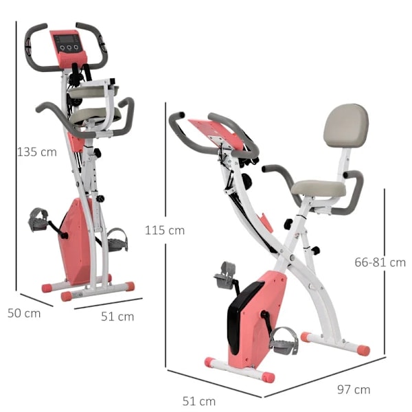 Rootz 2-i-1 hopfällbar motionscykel - Liggande stationär cykel - 8-nivå justerbar - Magnetisk motstånd med pulssensor - LCD-skärm - Rosa + Vit - 97 x