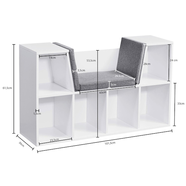 Rootz design hylly istuimella 101,5 x 61,5 x 30 cm valkoinen matta - Vapaasti seisova hylly harmaalla istuinpäällyksellä Penkki 6 lokerolla