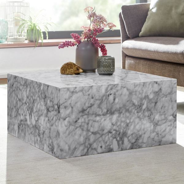 Rootz sofabord 60x30x60 cm højglans med hvid marmorlook - Design stuebord Terning firkantet - Lounge sidebord kubeform