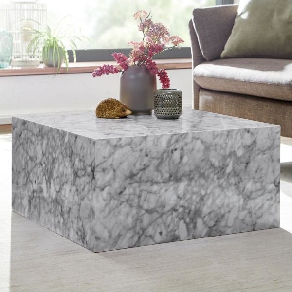 Rootz soffbord 60x30x60 cm högblank med marmorlook vit - Design vardagsrumsbord Kub fyrkantig - Lounge sidobord kubform