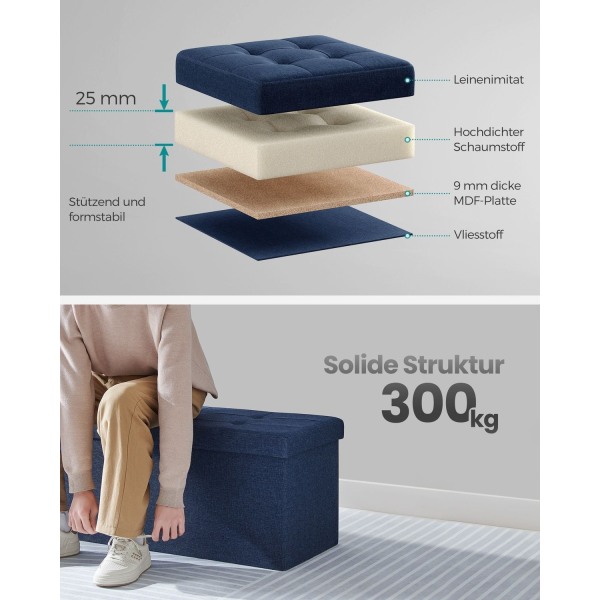 Rootz Midnight Blue Seat Chest - Förvaring Ottoman - Stoppad bänk - MDF-konstruktion - Imitation av linne - Skumvaddering - 38cm x 110cm x 38cm