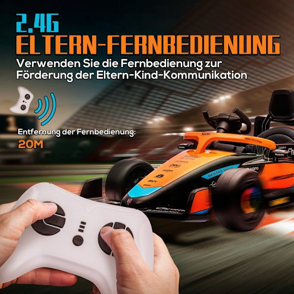 Rootz McLaren-licenseret elbil til børn - Formel 1-bil - Dobbeltmotorer - Aerodynamisk design - Horn, USB, musik - Fjernbetjening - 115 cm x 67 cm x 5