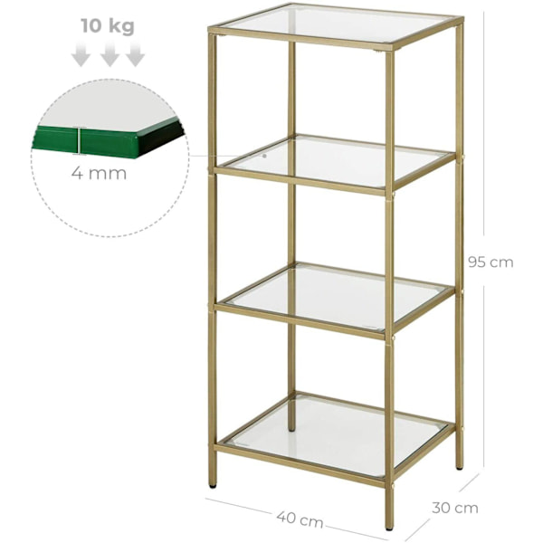Rootz 2 Sidebord - Rektangulært glasbord - Guldjernsstel - Badeværelsesskab - Justerbare ben - 40 x 30 x 95 cm (LxBxH)