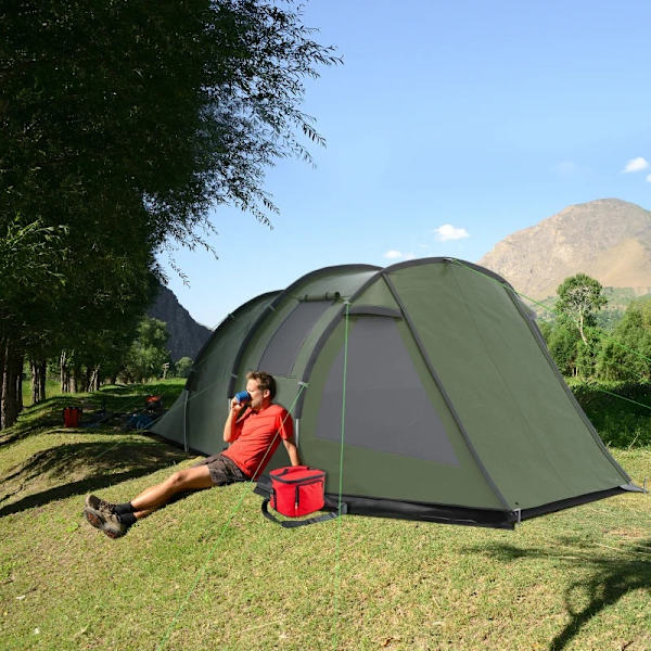 Rootz Campingtelt til 3-4 personer - Tunneltelt - To interiører - Netvinduer - Grøn - 4,75 x 2,64 x 1,72 m