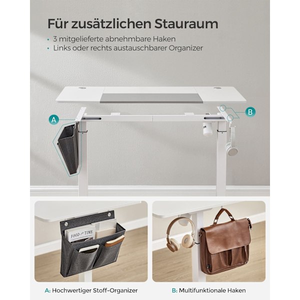Rootz Elektrisk ståbord - Højdejusterbart skrivebord - Sit Stand-skrivebord - Spånplade - Stålramme - 60cm x 140cm x (72-120cm) - Hvid/Grå